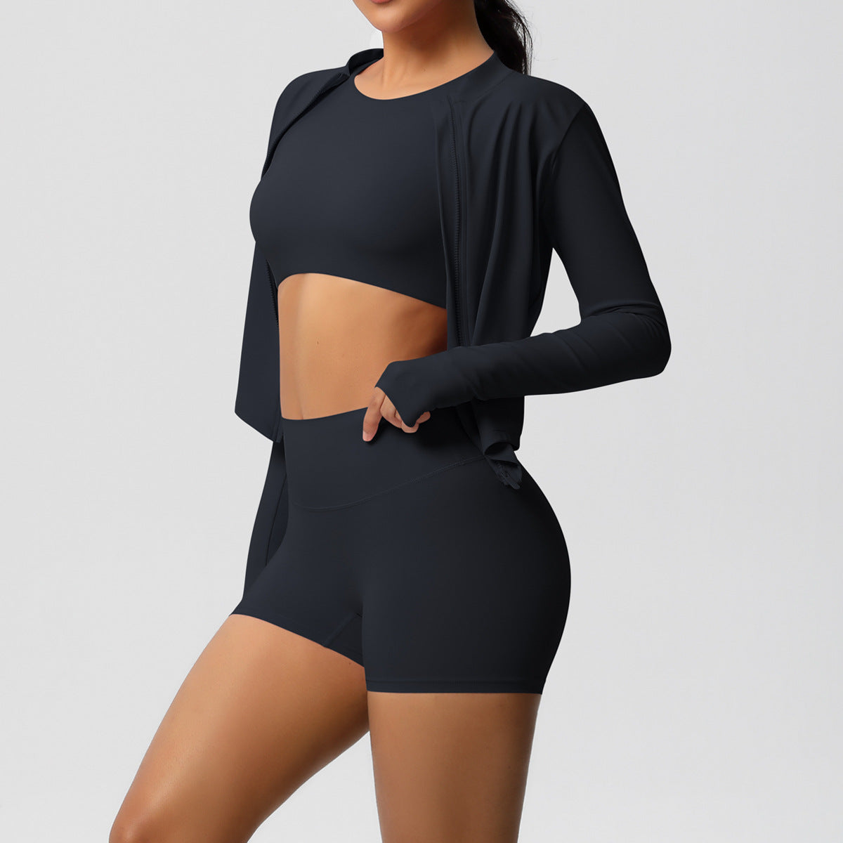 Sports Casual Yoga Clothes Nude Feel Long Sleeve Zipper Jacket Sports Shorts Fitness Clothes Three Piece Set for Women - ALTARIA