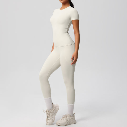 Yoga Dungarees Solid Color Short Sleeve Skin Friendly Breathable Tight Sports Short Sleeve Slimming Fitness Set Women - ALTARIA