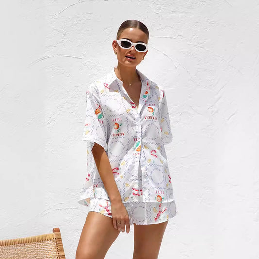Spring Summer Printed Casual Shirt Shorts Two Piece Sets Office - ALTARIA