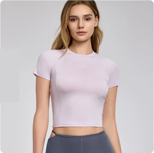Short Cropped Yoga T shirt Casual Solid Color Workout Top Visual Back Slimming Sports Short Sleeve - ALTARIA