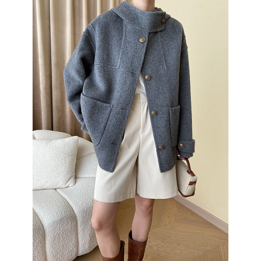 French Light Mid Ancient Design Cape Hooded Double Faced Woolen Goods Wool Overcoat Small Coat - ALTARIA