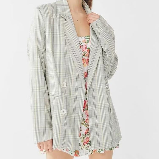 Women Clothing Autumn Winter Loose Fresh Green Plaid Blazer - ALTARIA