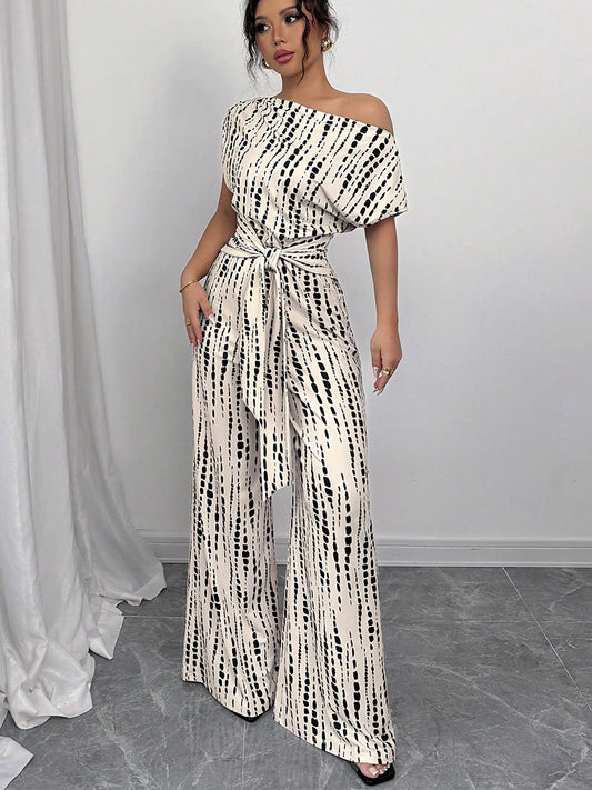 Striped Jumpsuit Summer Vacation Oblique Shoulder Strap Jumpsuit Wide Leg Trousers - ALTARIA