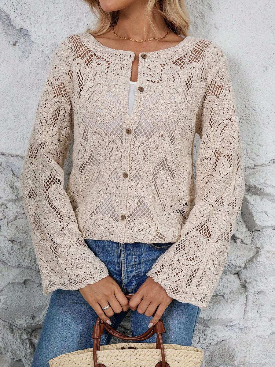 Women Spring And Autumn Hollow Hook Weave Crewneck Long Sleeves Cardigan - ALTARIA
