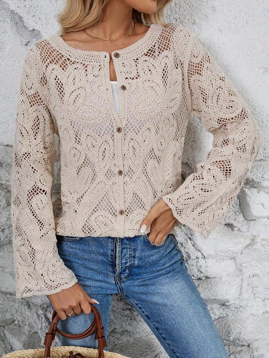 Women Spring And Autumn Hollow Hook Weave Crewneck Long Sleeves Cardigan - ALTARIA