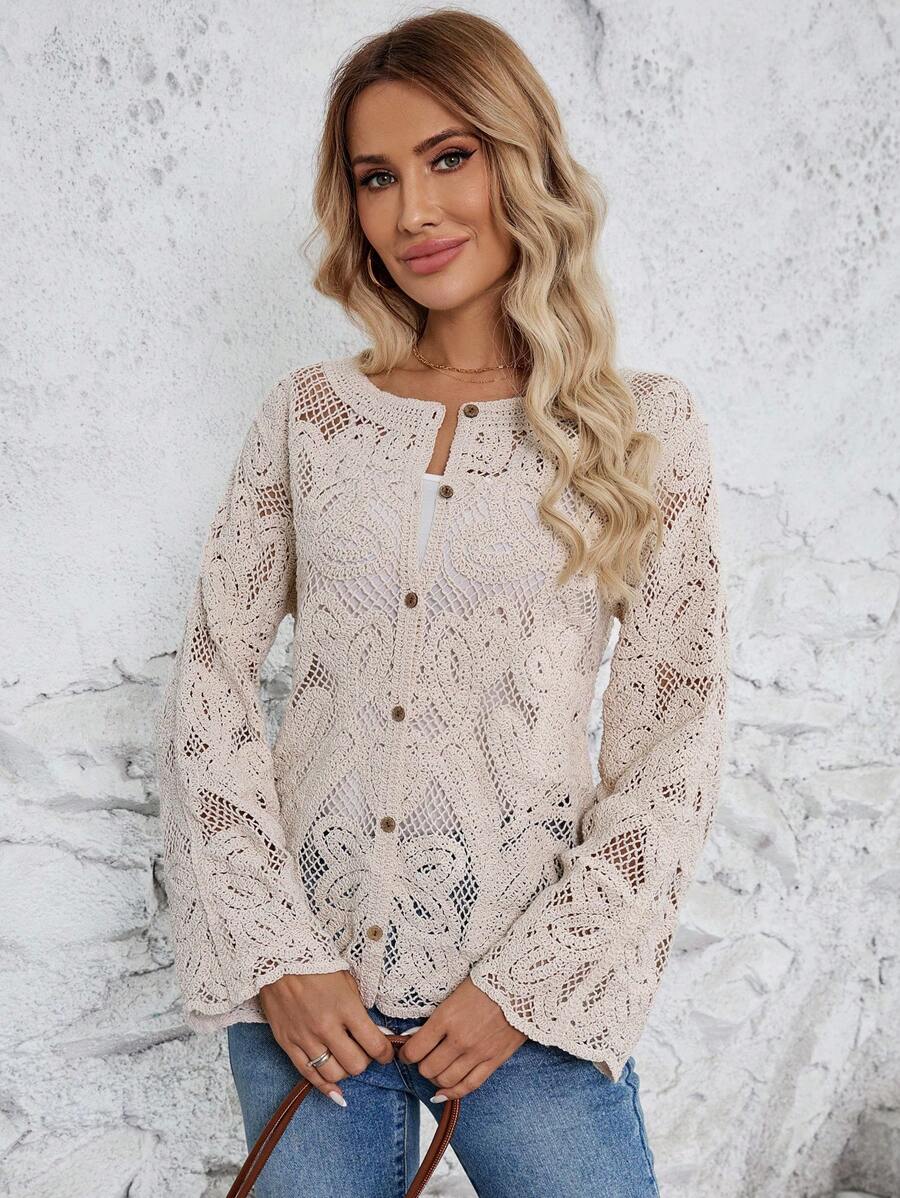 Women Spring And Autumn Hollow Hook Weave Crewneck Long Sleeves Cardigan - ALTARIA