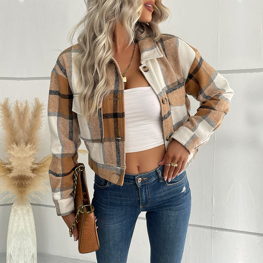 Autumn Winter Women Clothing Plaid Long Sleeve Shacket - ALTARIA