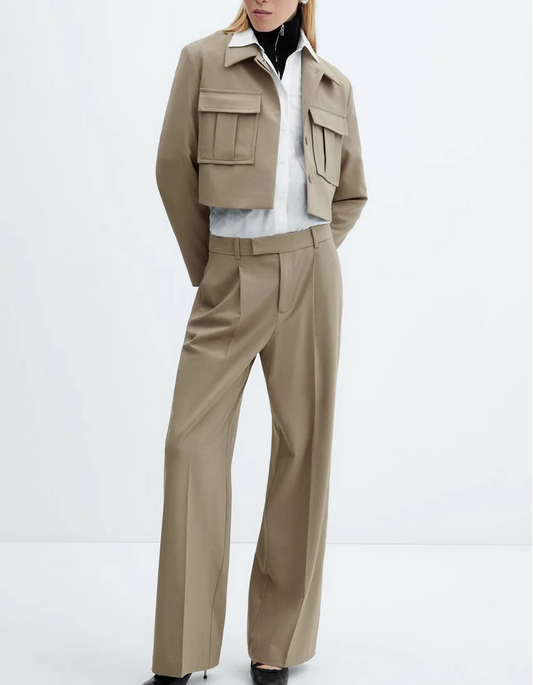 Spring Solid Color Polo Collar Single Breasted Long Sleeve Double Pocket Jacket Pleated Trousers Women - ALTARIA