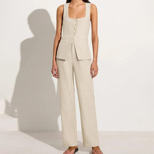 Cotton Linen Women Office Sleeveless Square Collar Lace up Vest Jacket High Waist Wide Leg Pants Two Piece Set - ALTARIA
