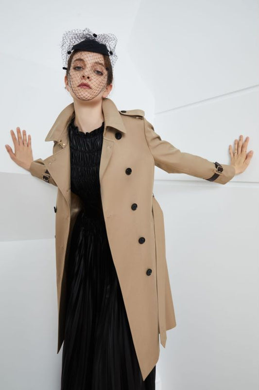 Element Autumn Winter Khaki Mid Length Trench Coat Slim Fit Slimming Elegant Trench Coat Women - ALTARIA