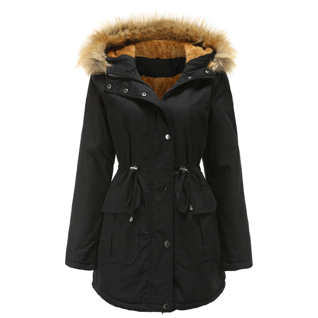 New Size Fleece Lined Coat Hooded Fur Collar Winter Warm Coat Plus Size Women Cotton-Padded Jacket - ALTARIA