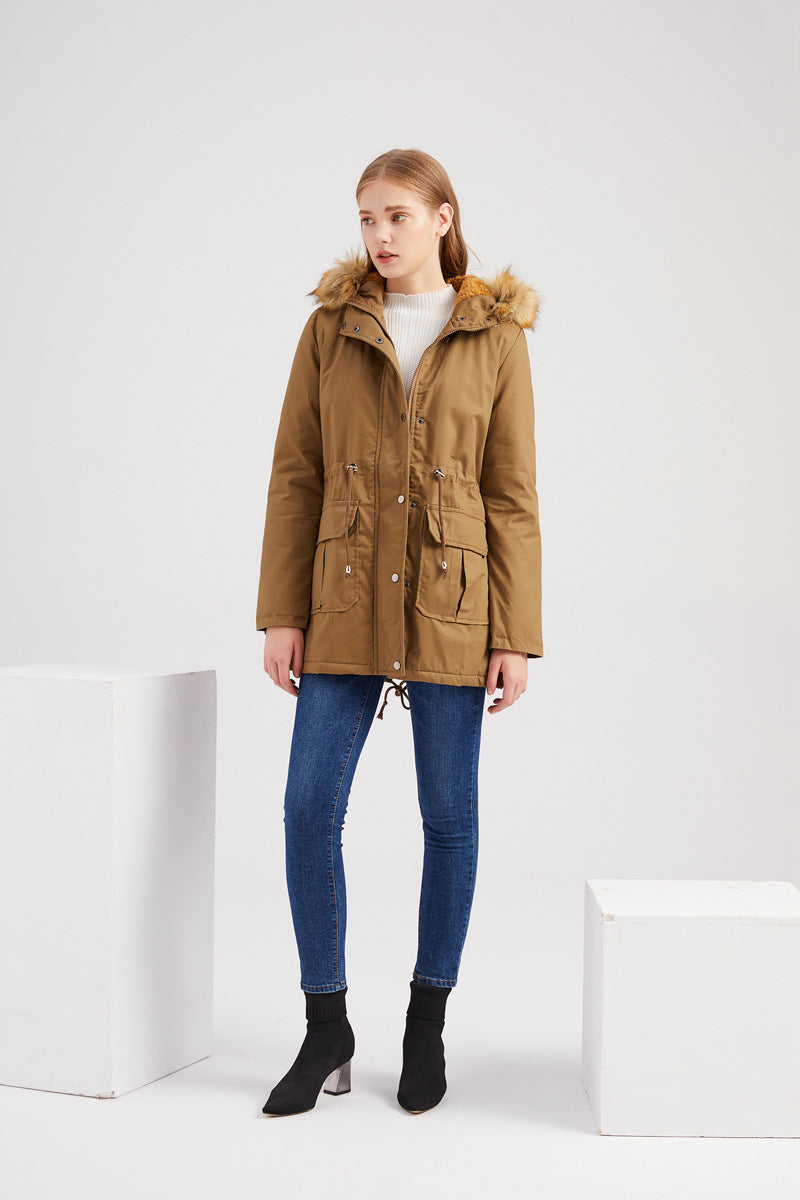 New Size Fleece Lined Coat Hooded Fur Collar Winter Warm Coat Plus Size Women Cotton-Padded Jacket - ALTARIA