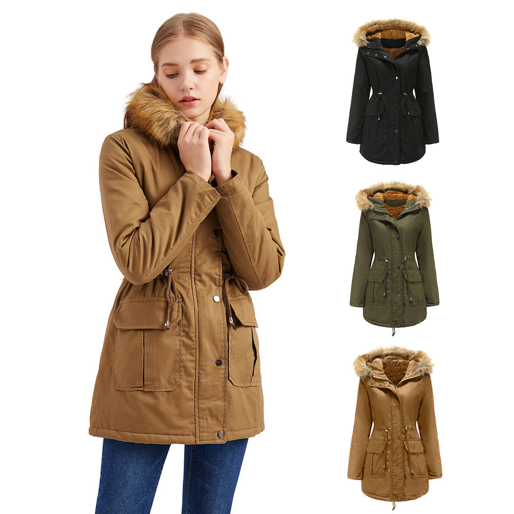 New Size Fleece Lined Coat Hooded Fur Collar Winter Warm Coat Plus Size Women Cotton-Padded Jacket - ALTARIA