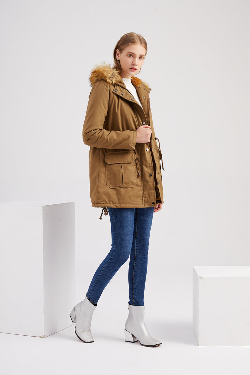 New Size Fleece Lined Coat Hooded Fur Collar Winter Warm Coat Plus Size Women Cotton-Padded Jacket - ALTARIA