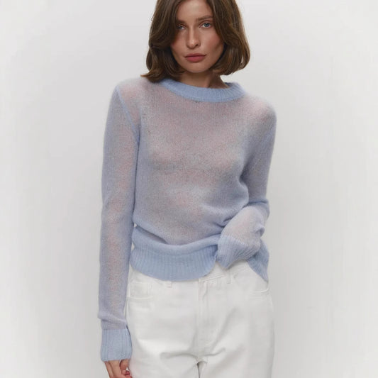 Spring Summer Thin Sweater Blouse Women round Neck See through Basic Knitwear Candy Color - ALTARIA