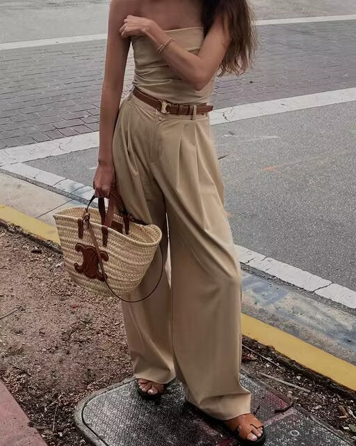 Spring Women Clothing Design Straight Collar Wrapped Chest Short Top Pants Sets - ALTARIA