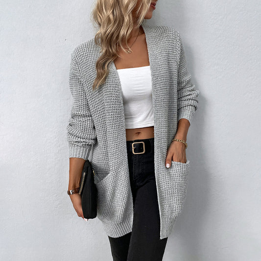 Autumn Winter Women Knitted Sweater Solid Color Pocket Sweater Women Cardigan Coat - ALTARIA
