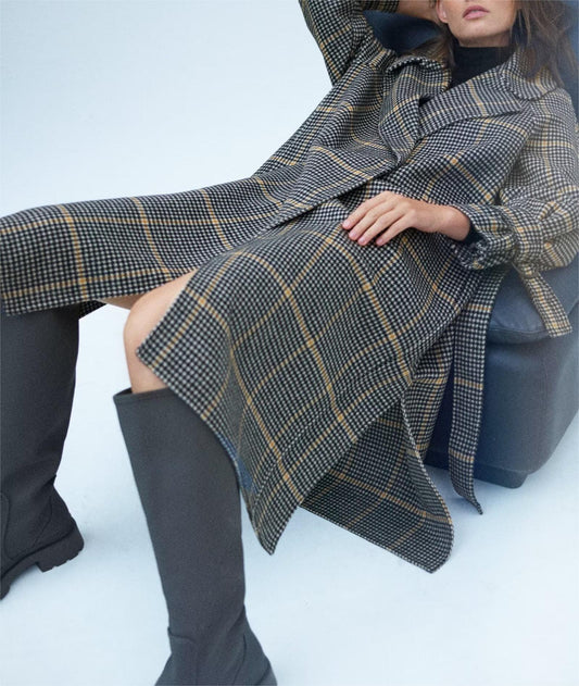 Fall Women Clothing Waist Controlled Collared Plaid Coat Overcoat - ALTARIA