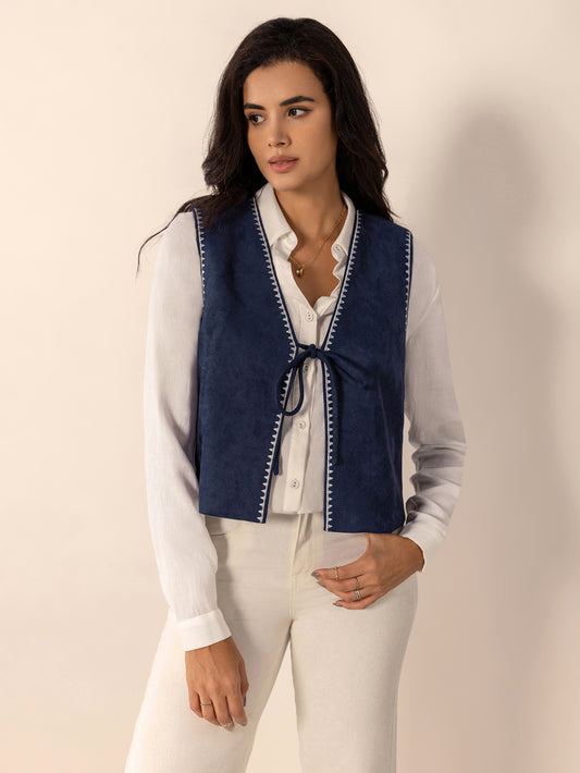Women Casual Blue Casual Lace Embroidered Lace Vest Coat - ALTARIA