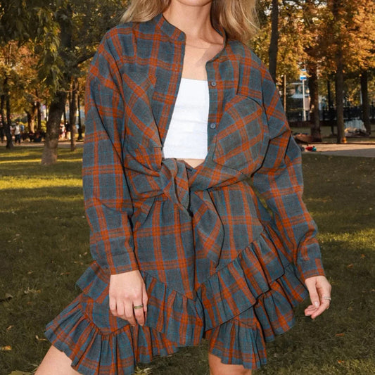 Women Clothing Pocket Shirt Ruffled Shorts Two Piece Sets Stand Collar Long Sleeve Plaid Shirt Outfit - ALTARIA