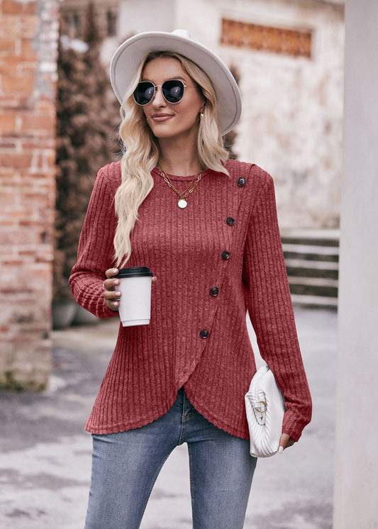 Women round-Neck Sunken Stripe Brushed Tulip Hem Solid Color Button T-shirt - ALTARIA