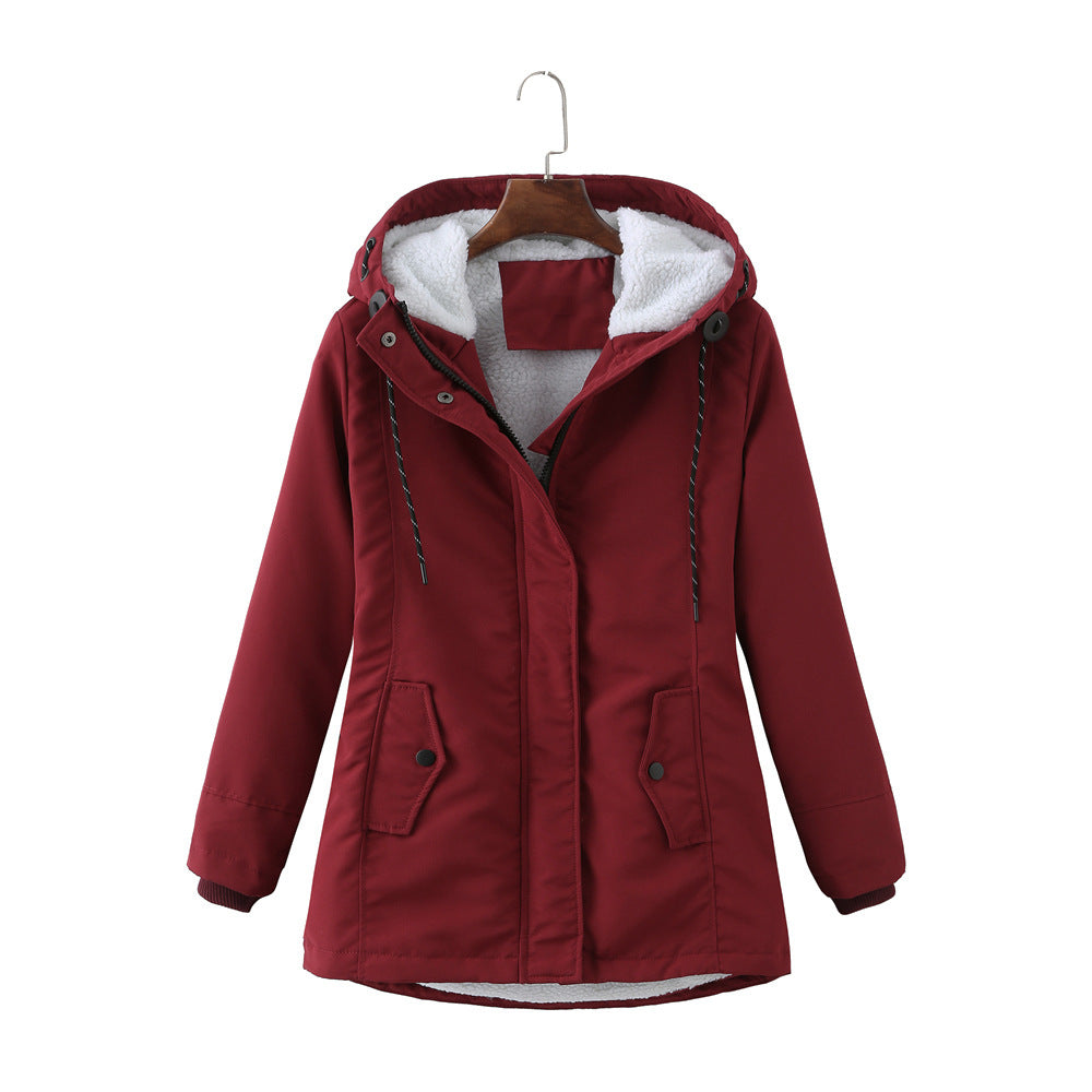 Ladies Hooded Lambswool Parka Winter Warm Waist Women Cotton-Padded Coat - ALTARIA