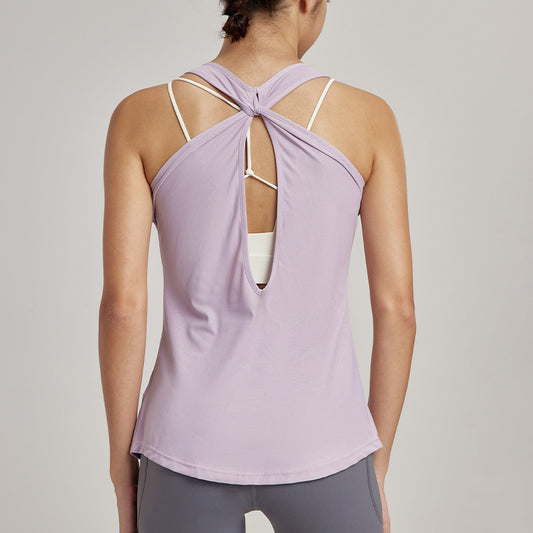 Sexy A line Sleeveless Blouse Cross Beauty Back Yoga Clothing Top Loose Long Running Fitness Clothes - ALTARIA