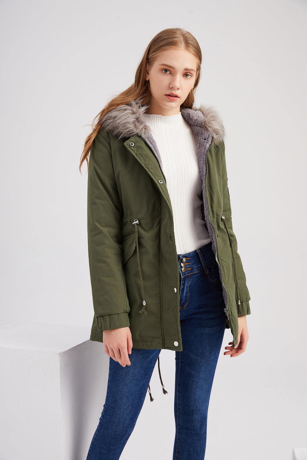 Size Big Fur Collar Thickened Women Cotton-Padded Coat Mid-Length Hooded Winter Warm Fleece Overcoat Cotton-Padded Coat - ALTARIA