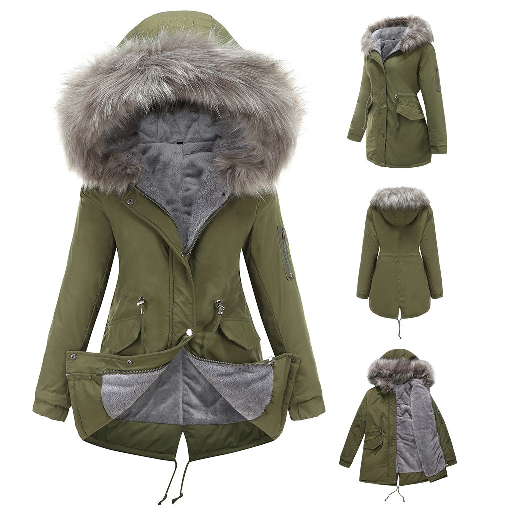 Size Big Fur Collar Thickened Women Cotton-Padded Coat Mid-Length Hooded Winter Warm Fleece Overcoat Cotton-Padded Coat - ALTARIA