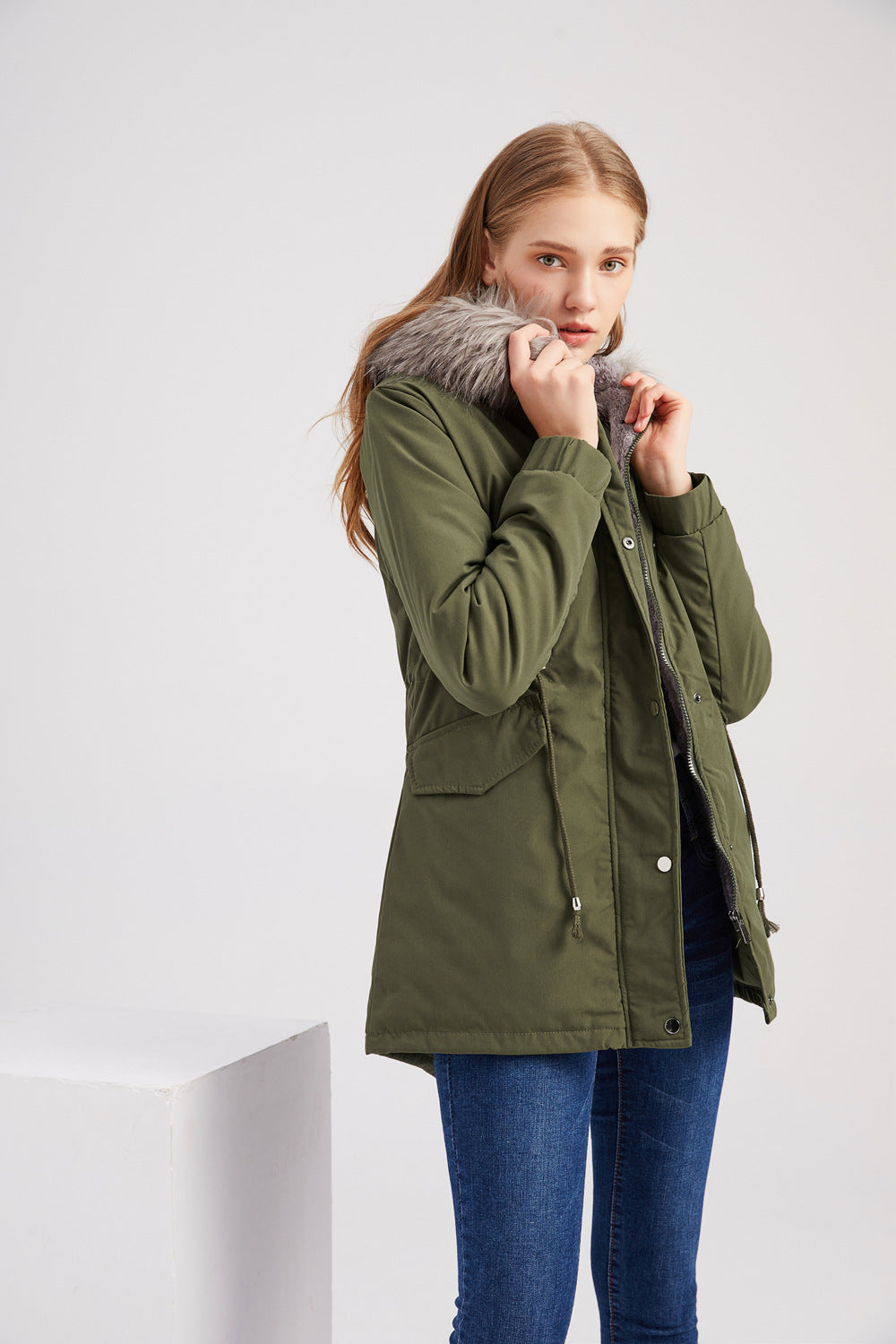 Size Big Fur Collar Thickened Women Cotton-Padded Coat Mid-Length Hooded Winter Warm Fleece Overcoat Cotton-Padded Coat - ALTARIA