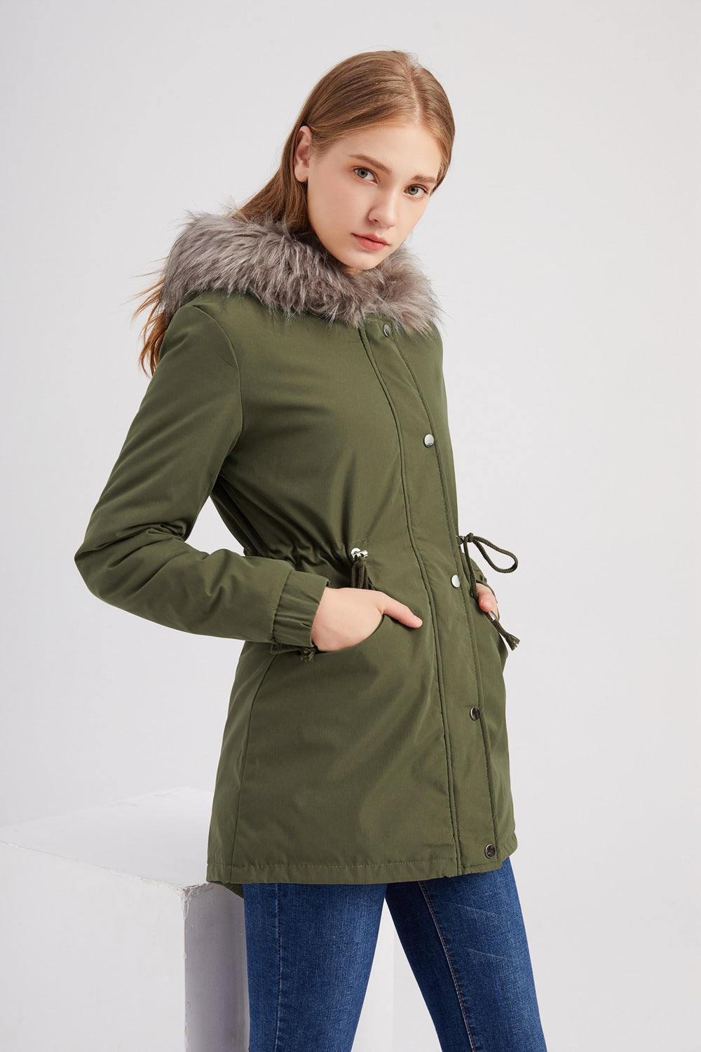 Size Big Fur Collar Thickened Women Cotton-Padded Coat Mid-Length Hooded Winter Warm Fleece Overcoat Cotton-Padded Coat - ALTARIA