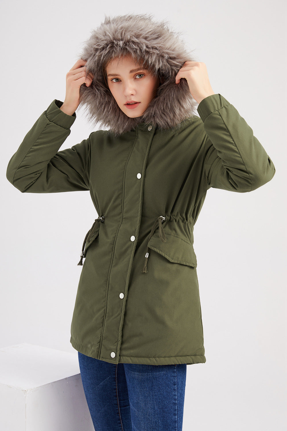 Size Big Fur Collar Thickened Women Cotton-Padded Coat Mid-Length Hooded Winter Warm Fleece Overcoat Cotton-Padded Coat - ALTARIA