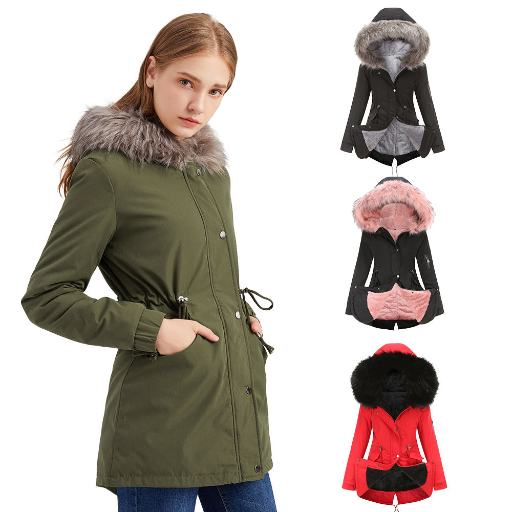 Size Big Fur Collar Thickened Women Cotton-Padded Coat Mid-Length Hooded Winter Warm Fleece Overcoat Cotton-Padded Coat - ALTARIA