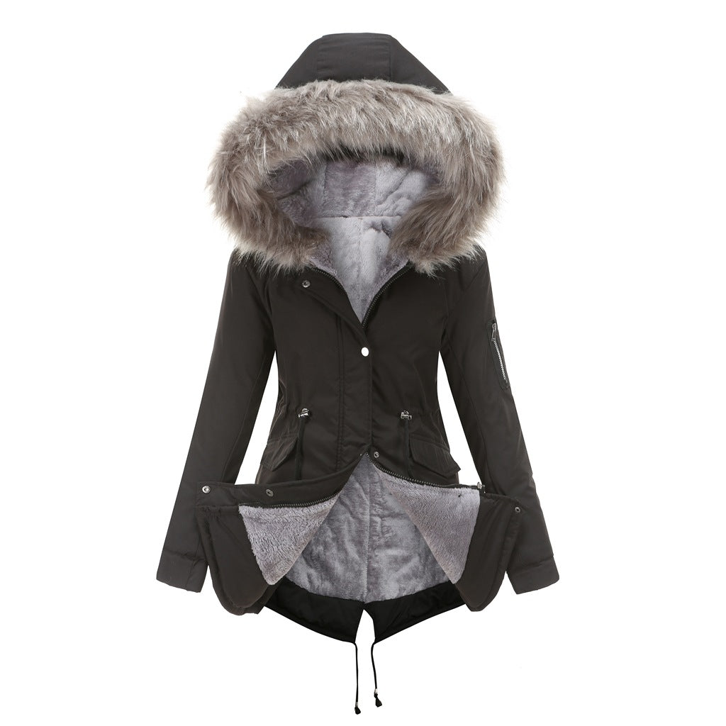 Size Big Fur Collar Thickened Women Cotton-Padded Coat Mid-Length Hooded Winter Warm Fleece Overcoat Cotton-Padded Coat - ALTARIA
