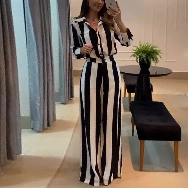 Autumn Casual Black White Striped Button Pocket Design Shirt Wide Leg Pants Two Piece Sets - ALTARIA