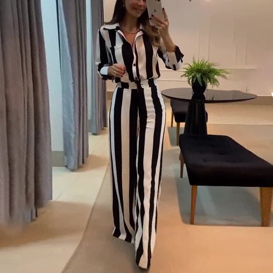 Autumn Casual Black White Striped Button Pocket Design Shirt Wide Leg Pants Two Piece Sets - ALTARIA
