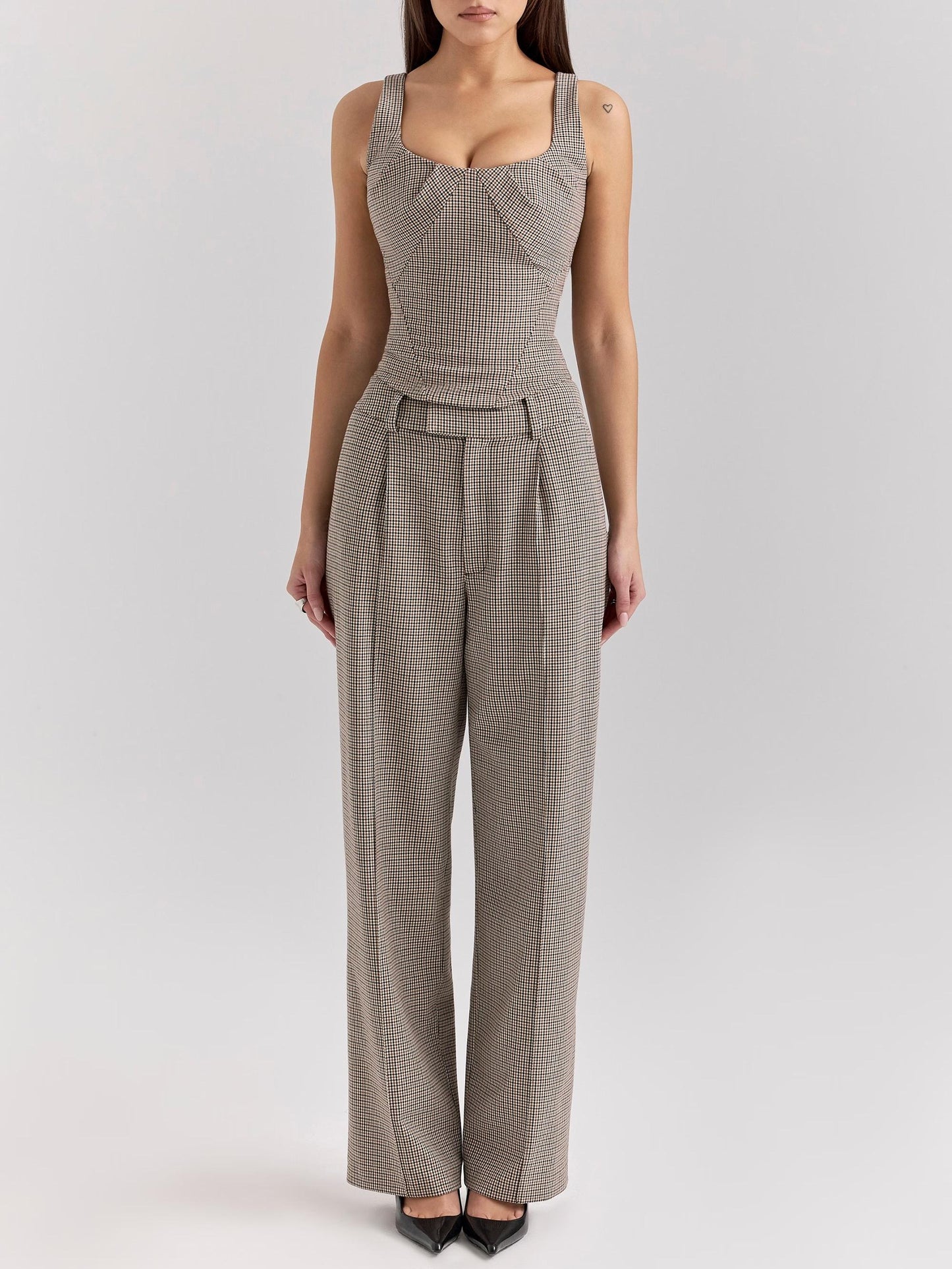 Houndstooth Pattern Two Piece Sets Sexy Slim Fit Backless Vest Mid Waist Casual Trousers - ALTARIA
