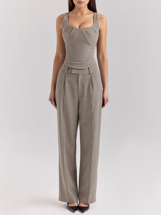 Houndstooth Pattern Two Piece Sets Sexy Slim Fit Backless Vest Mid Waist Casual Trousers - ALTARIA