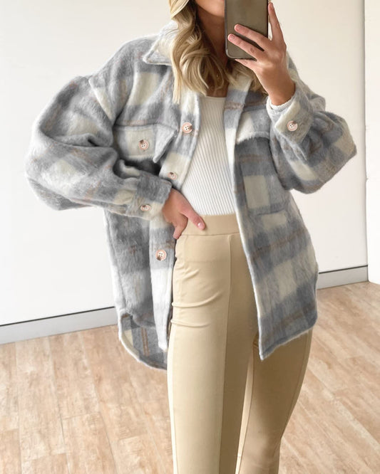 Winter Women Clothing Plaid Large Pocket Coarse Wool Coat - ALTARIA