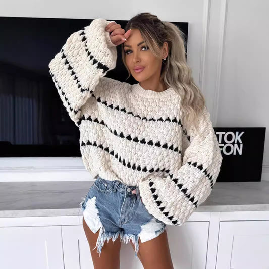 Autumn Winter Sweaters Thick Needle Loose Twist Stripes round Neck Pullover Women - ALTARIA