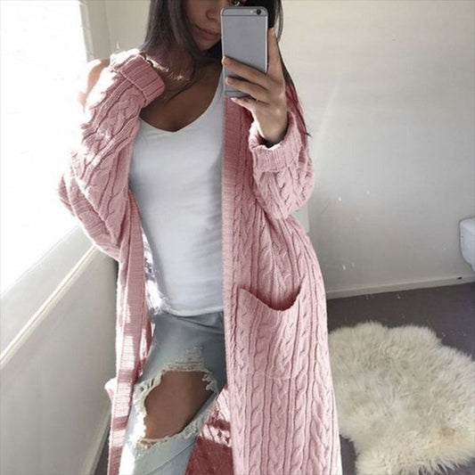 Autumn Winter Wish Knitwear Long Double Pocket Full Body Cable-Knit Sweater Cardigan - ALTARIA