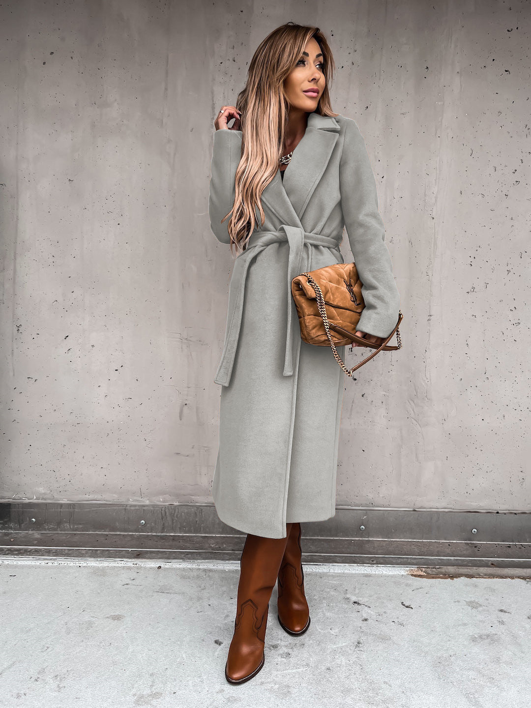 Autumn Winter Women Clothing Solid Color Polo Collar Long Sleeved Woolen Coat Simple Lace up Trench Coat - ALTARIA