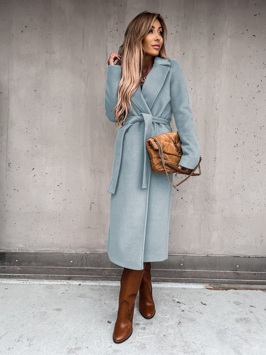 Autumn Winter Women Clothing Solid Color Polo Collar Long Sleeved Woolen Coat Simple Lace up Trench Coat - ALTARIA