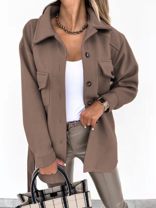 Fall Winter Lapels Single Breasted Thickened Solid Color Shirt Woolen Baggy Coat Female - ALTARIA