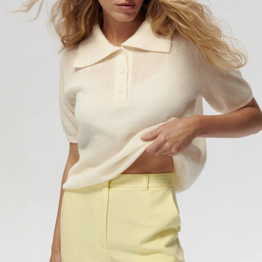 Polo Hollow Out Cutout Knitted Sweater with Short Sleeves Spring Summer Puff Sleeve T shirt Simple Knitting Sweater for Women - ALTARIA