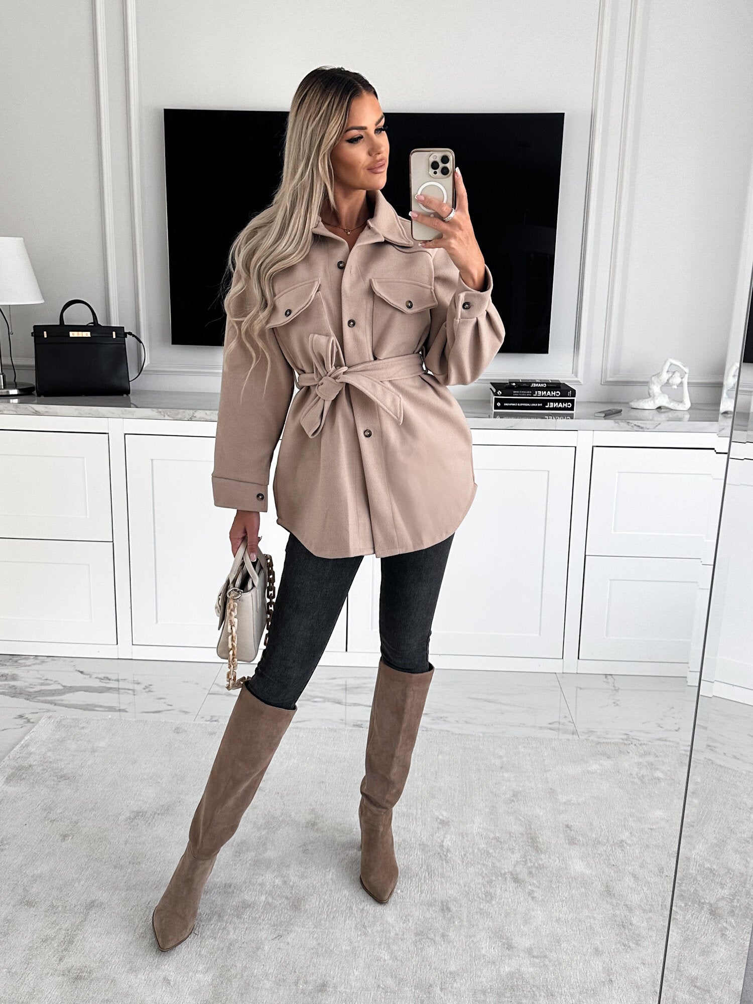 Women Autumn Winter Fashion Belt Solid Color Woolen Jacket - ALTARIA