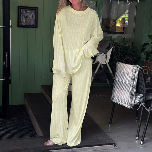 Jacquard Comfortable Lazy Set Women Solid Color round Neck Loose Long Sleeve Top Trousers Two Piece Set - ALTARIA