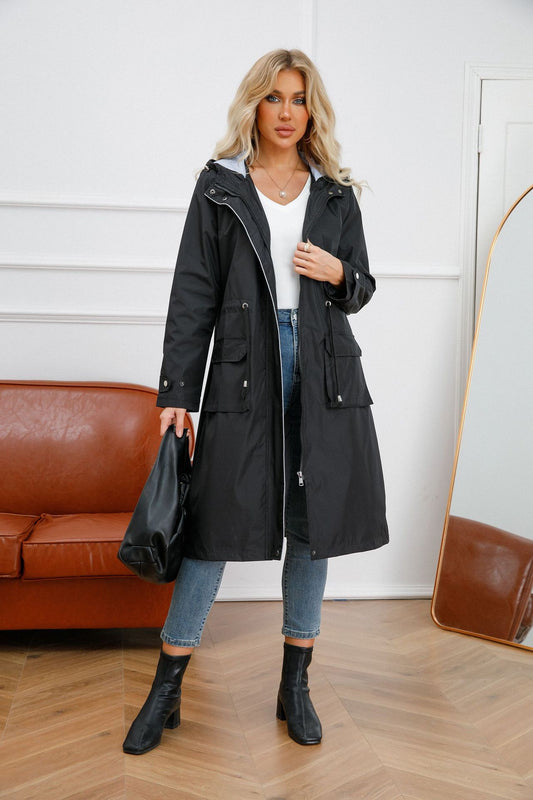 Spring Autumn Long Casual Trench Coat Women Waterproof Hooded Solid Color Top Striped Lining Straight Coat - ALTARIA
