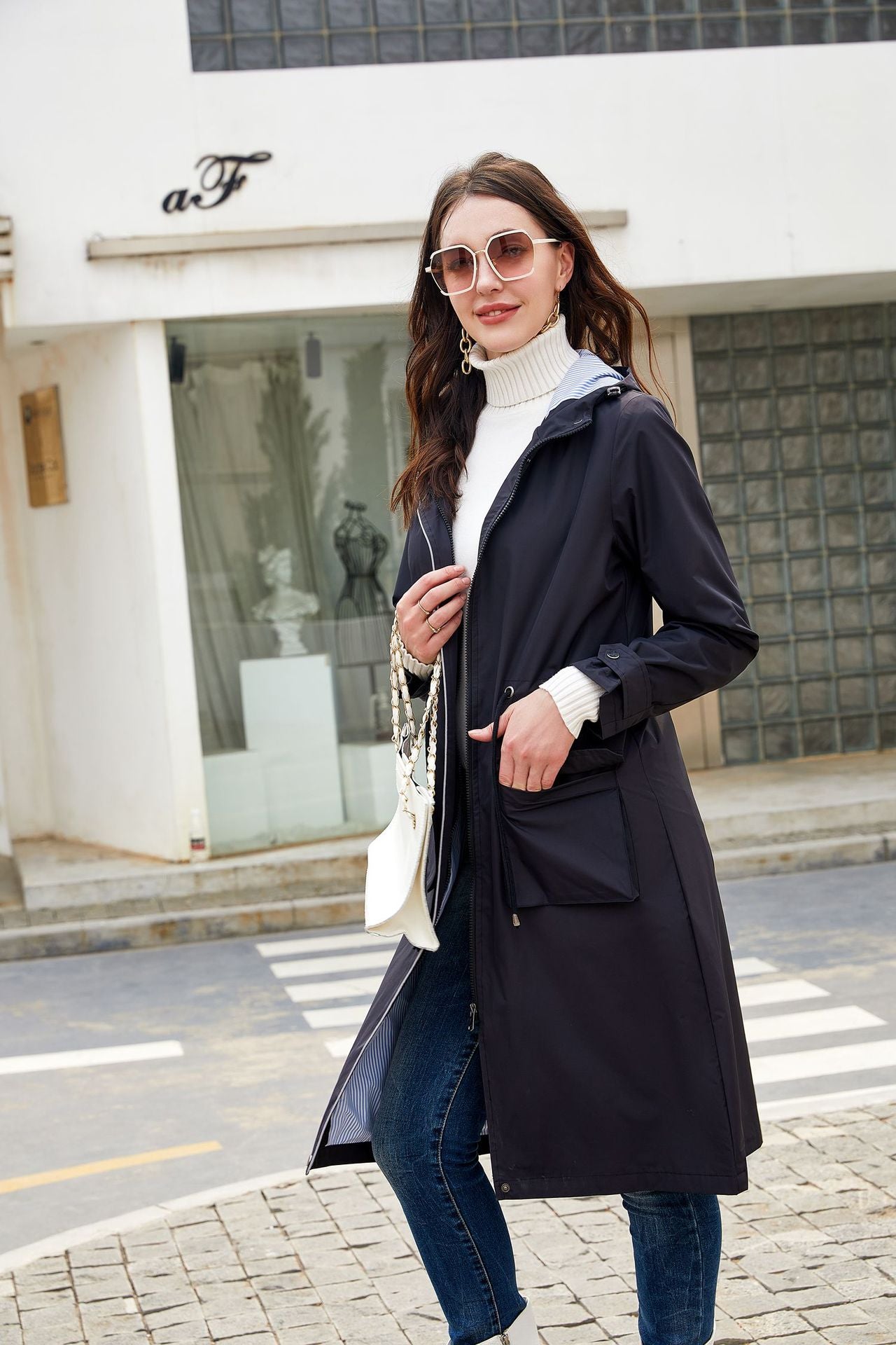 Spring Autumn Long Casual Trench Coat Women Waterproof Hooded Solid Color Top Striped Lining Straight Coat - ALTARIA