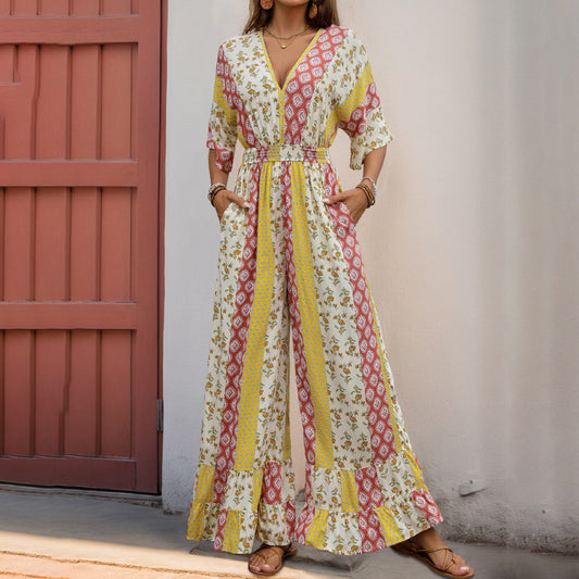 Women Five Quarter Sleeve V neck Geometric Abstract Striped Floral Printed Jumpsuit - ALTARIA